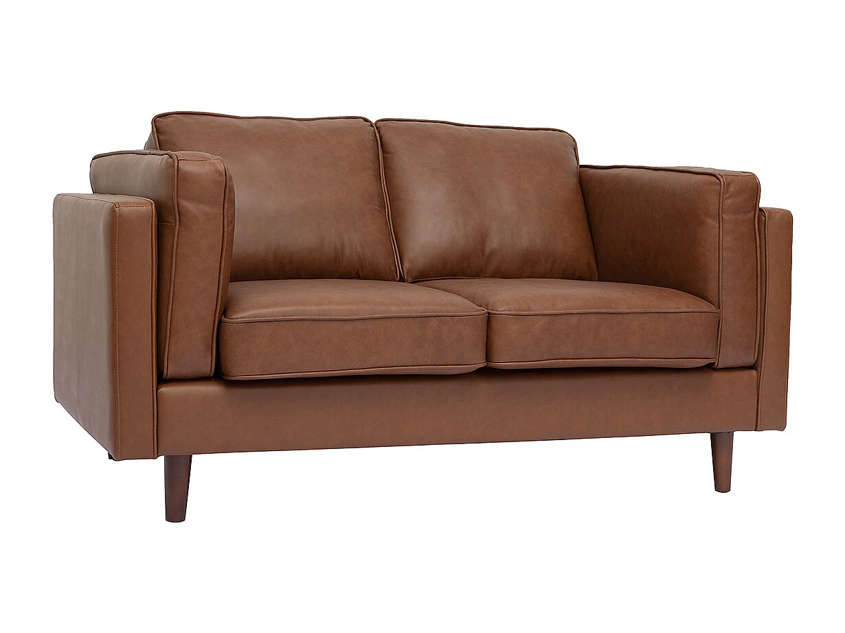 Canapé vintage 2 places cuir marron et bois foncé BRADLEY