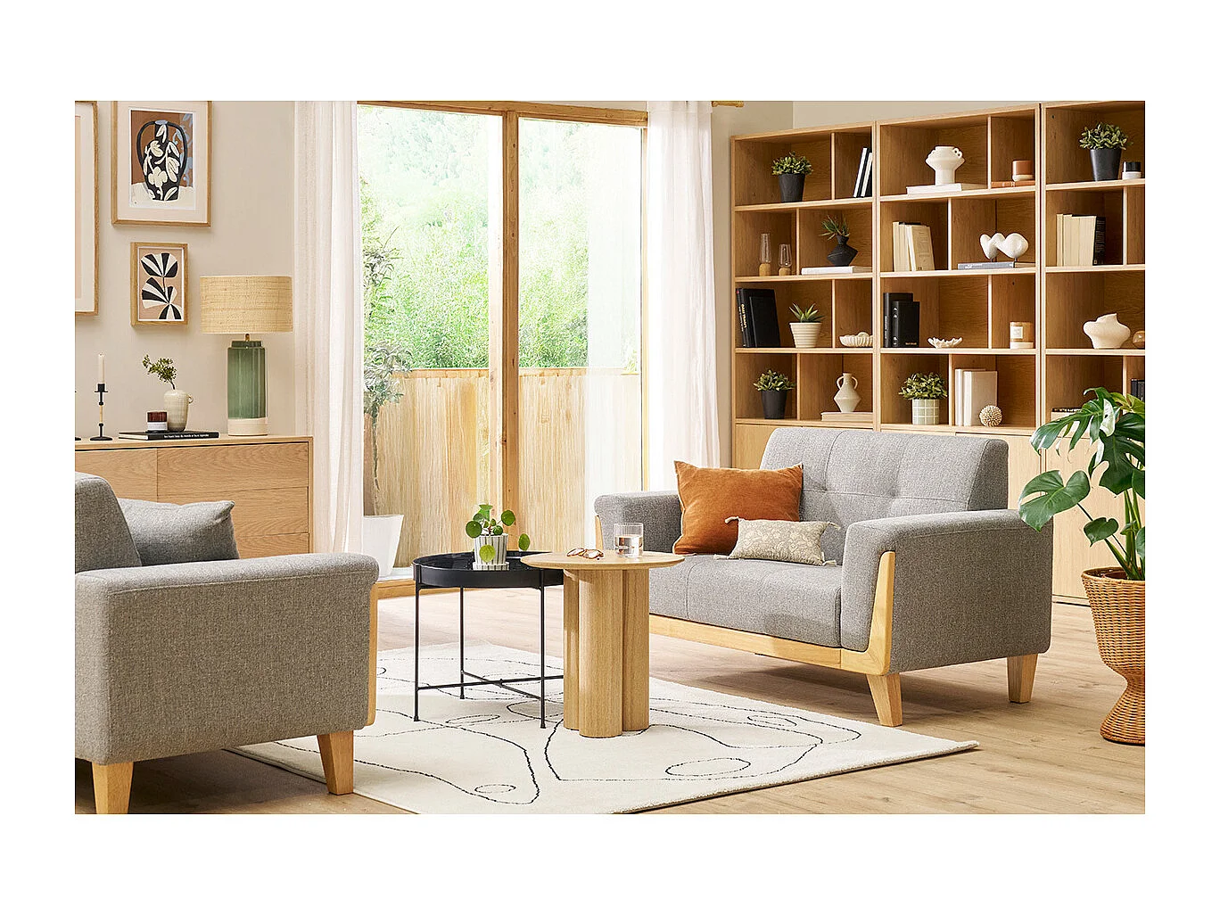 Divano scandinavo 2 posti grigio chiaro e base legno FJORD