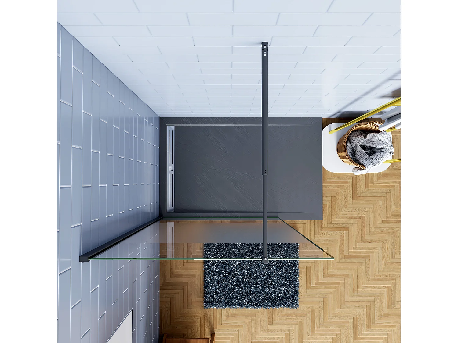 120x200cm Schwarzrahmen Duschabtrennung Walk In 8mm Nano ESG Milchglasstreifen Duschabtrennung + 70-120cm Stabilisator Höhe 200cm