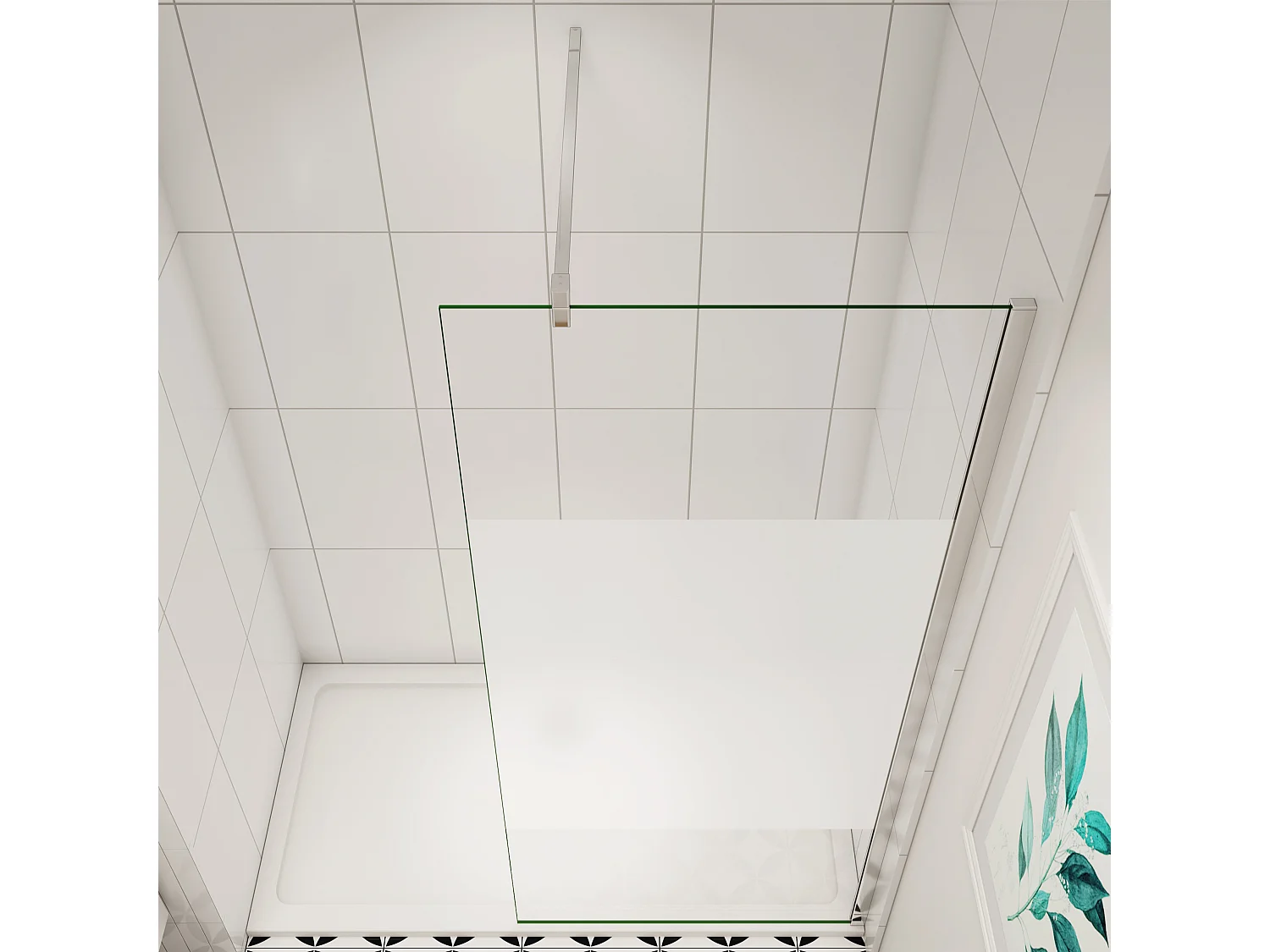 90x200cm Duschabtrennung Walk In 8mm Nano ESG Milchglasstreifen Duschabtrennung + F Form:90cm Stabilisator Höhe 200cm