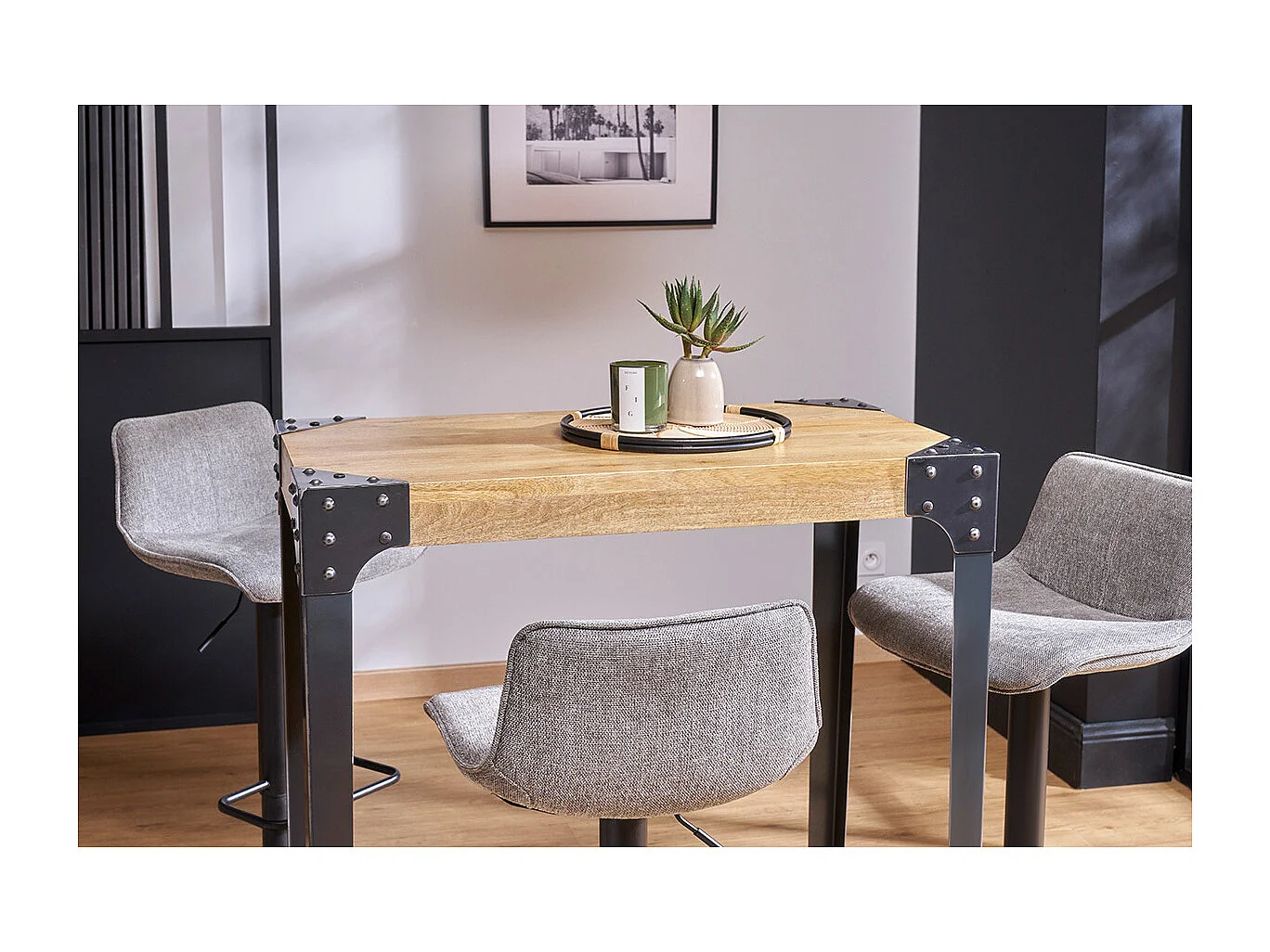 Table haute industrielle carrée en bois manguier massif et métal  L88 cm MADISON