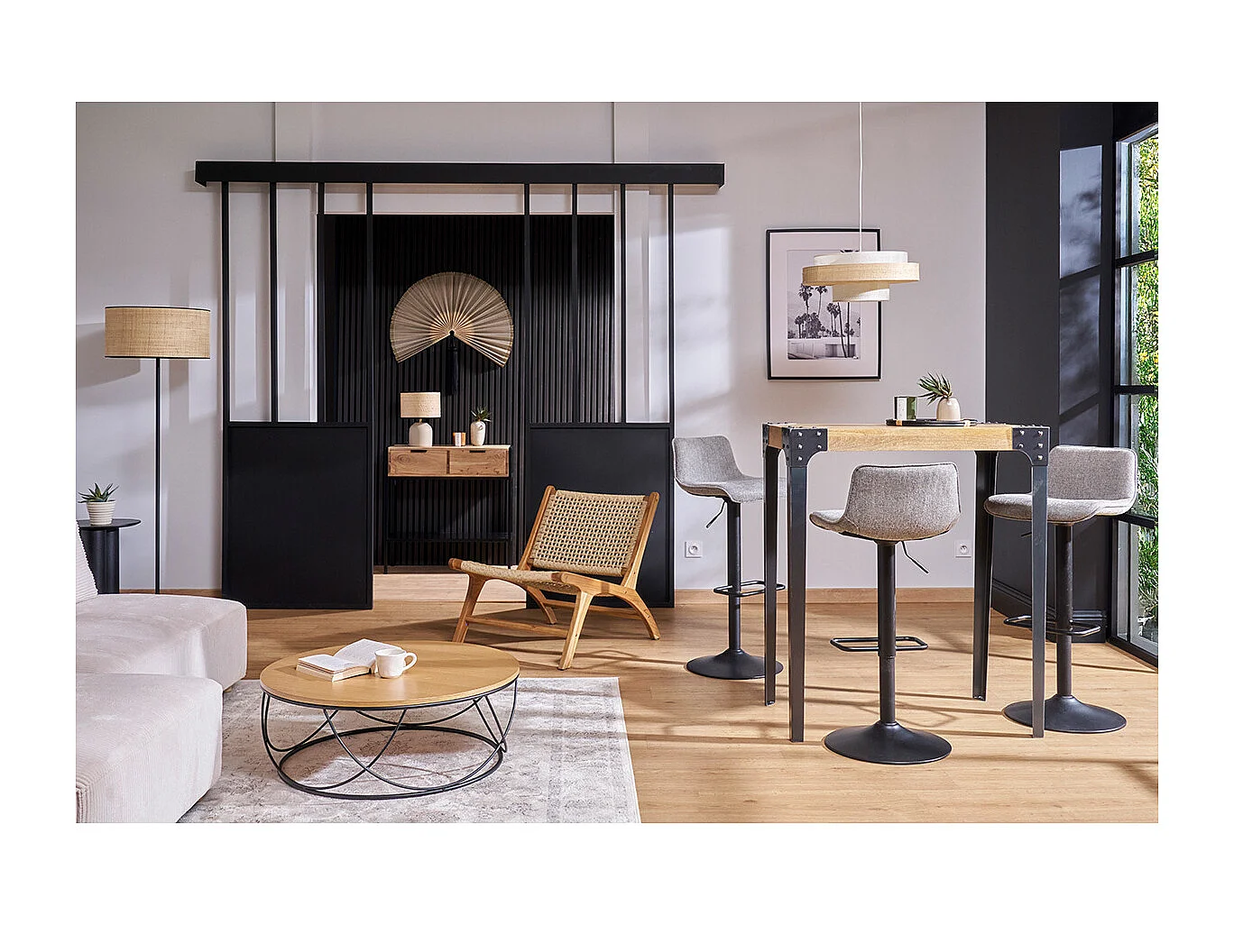 Table haute industrielle carrée en bois manguier massif et métal  L88 cm MADISON