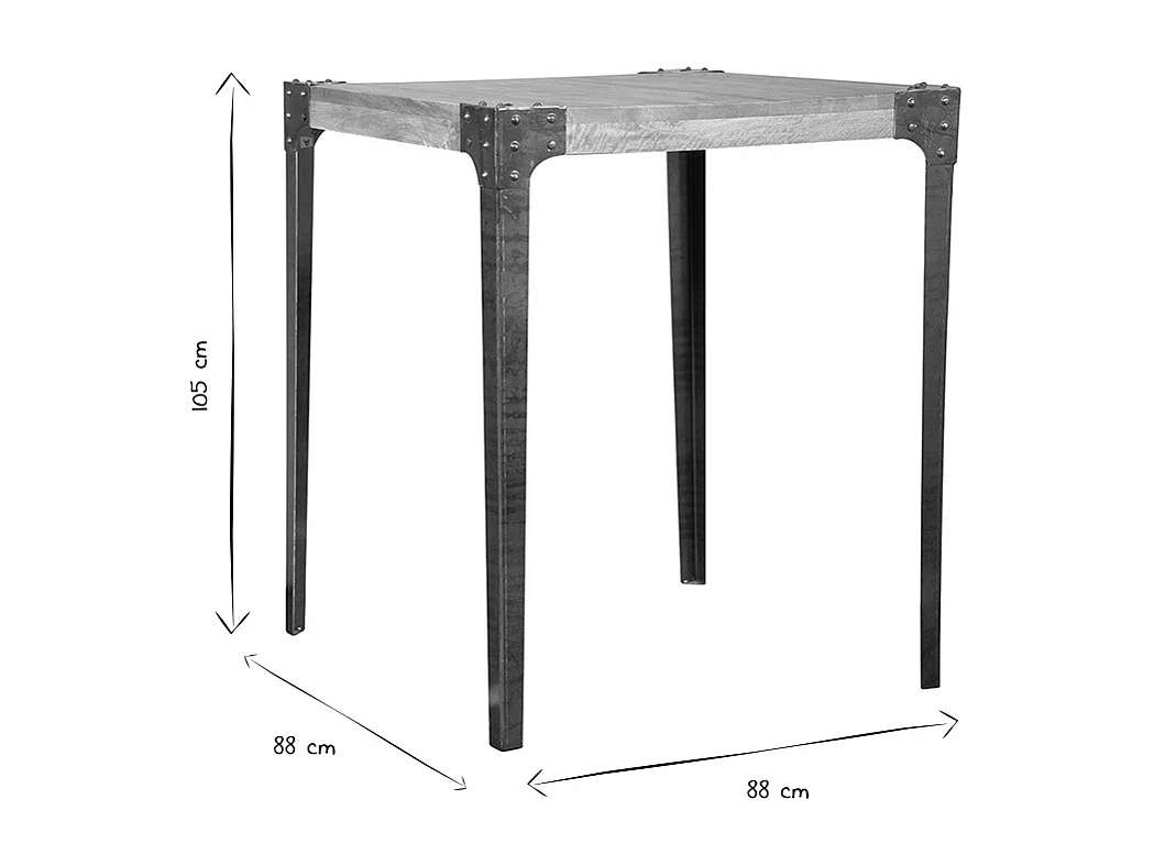Table haute industrielle carrée en bois manguier massif et métal  L88 cm MADISON