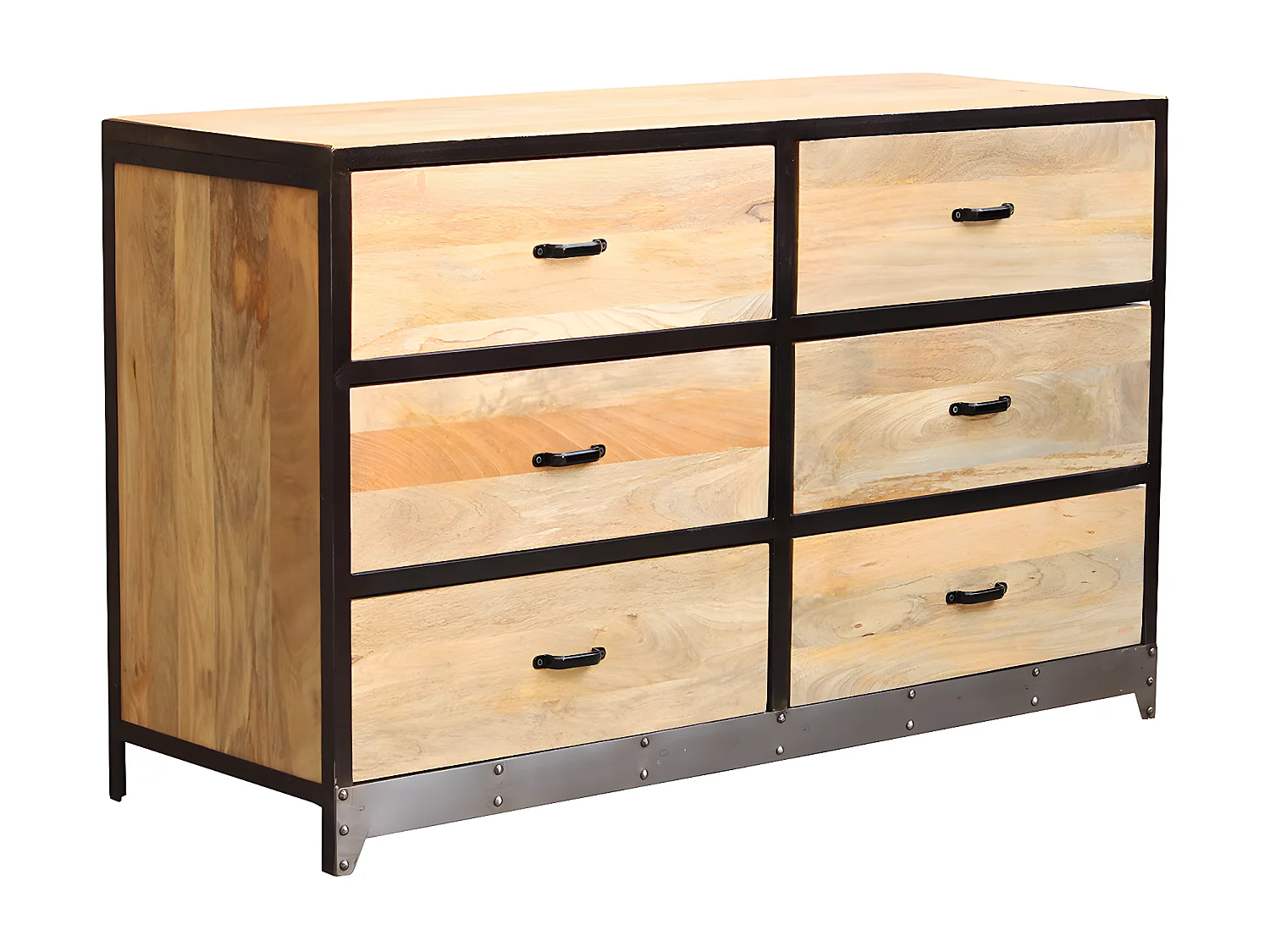Commode industrielle en bois manguier massif et métal noir 6 tiroirs L130 cm INDUSTRIA