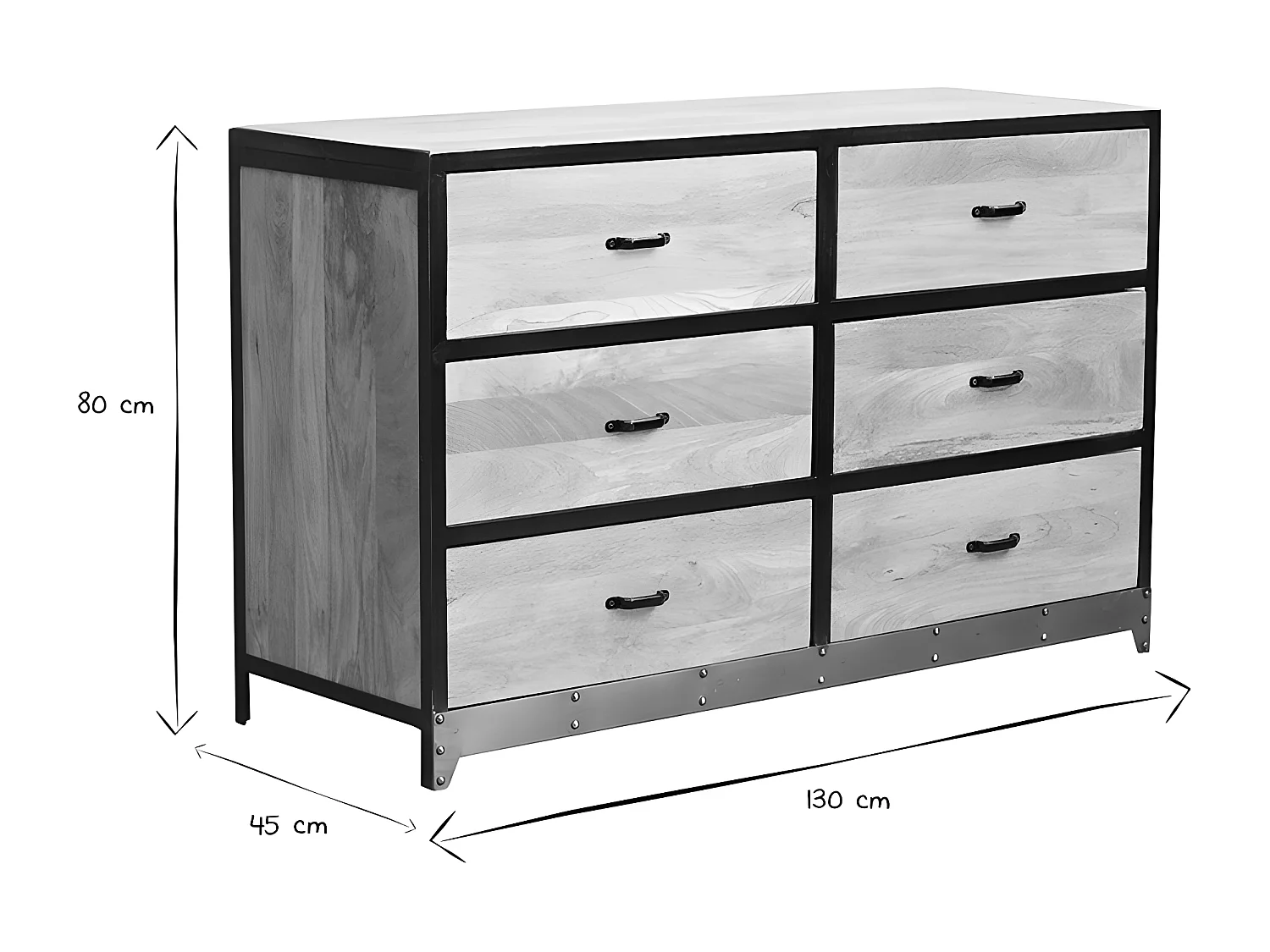 Commode industrielle en bois manguier massif et métal noir 6 tiroirs L130 cm INDUSTRIA