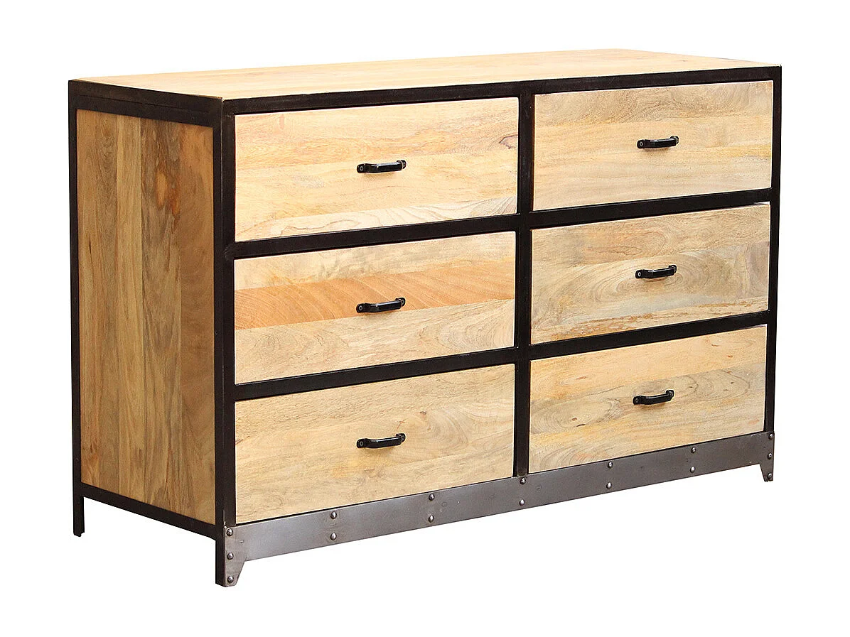 Commode industrielle en bois manguier massif et métal noir 6 tiroirs L130 cm INDUSTRIA