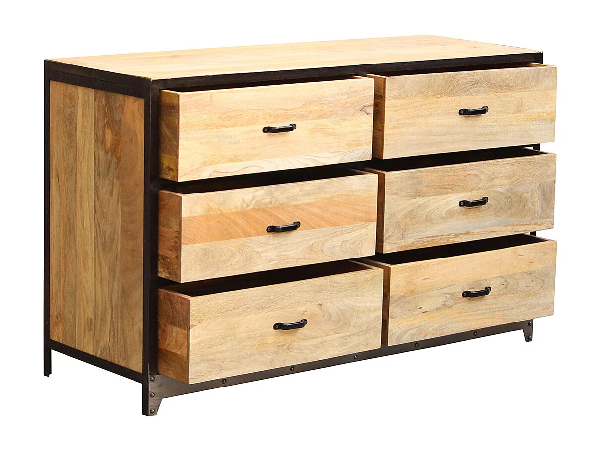 Commode industrielle en bois manguier massif et métal noir 6 tiroirs L130 cm INDUSTRIA