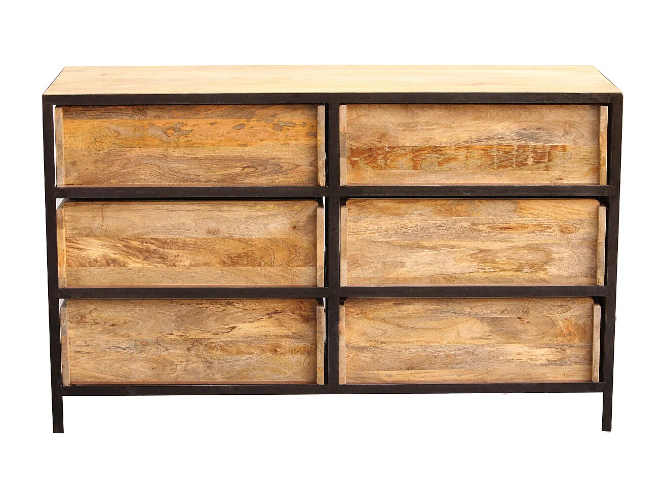 Commode industrielle en bois manguier massif et métal noir 6 tiroirs L130 cm INDUSTRIA