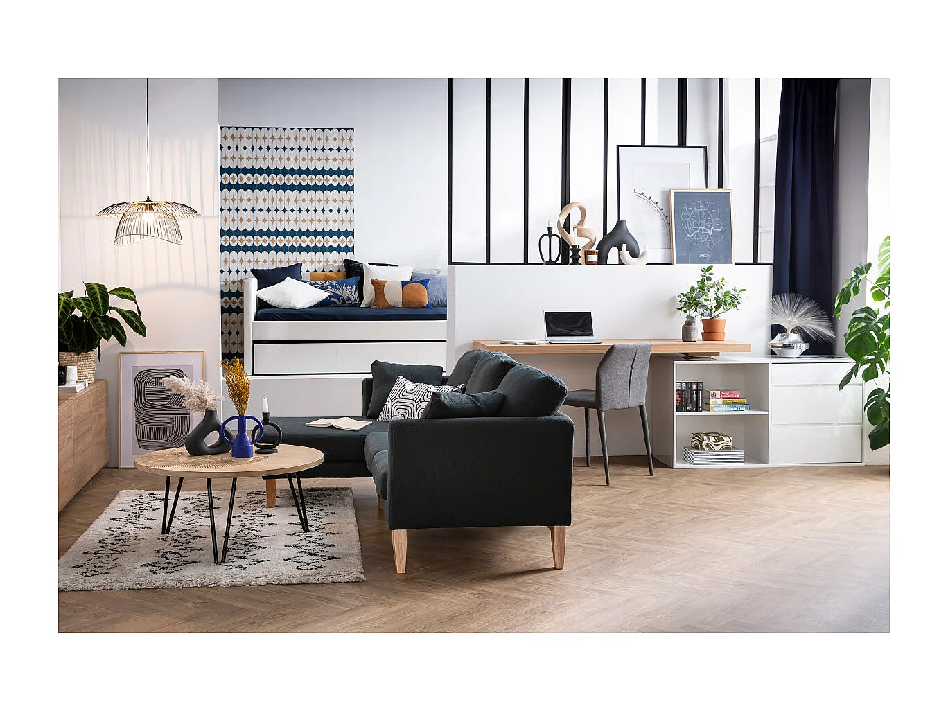 Bureau modulable design blanc brillant et bois clair frêne L160-235 cm NEW MAX