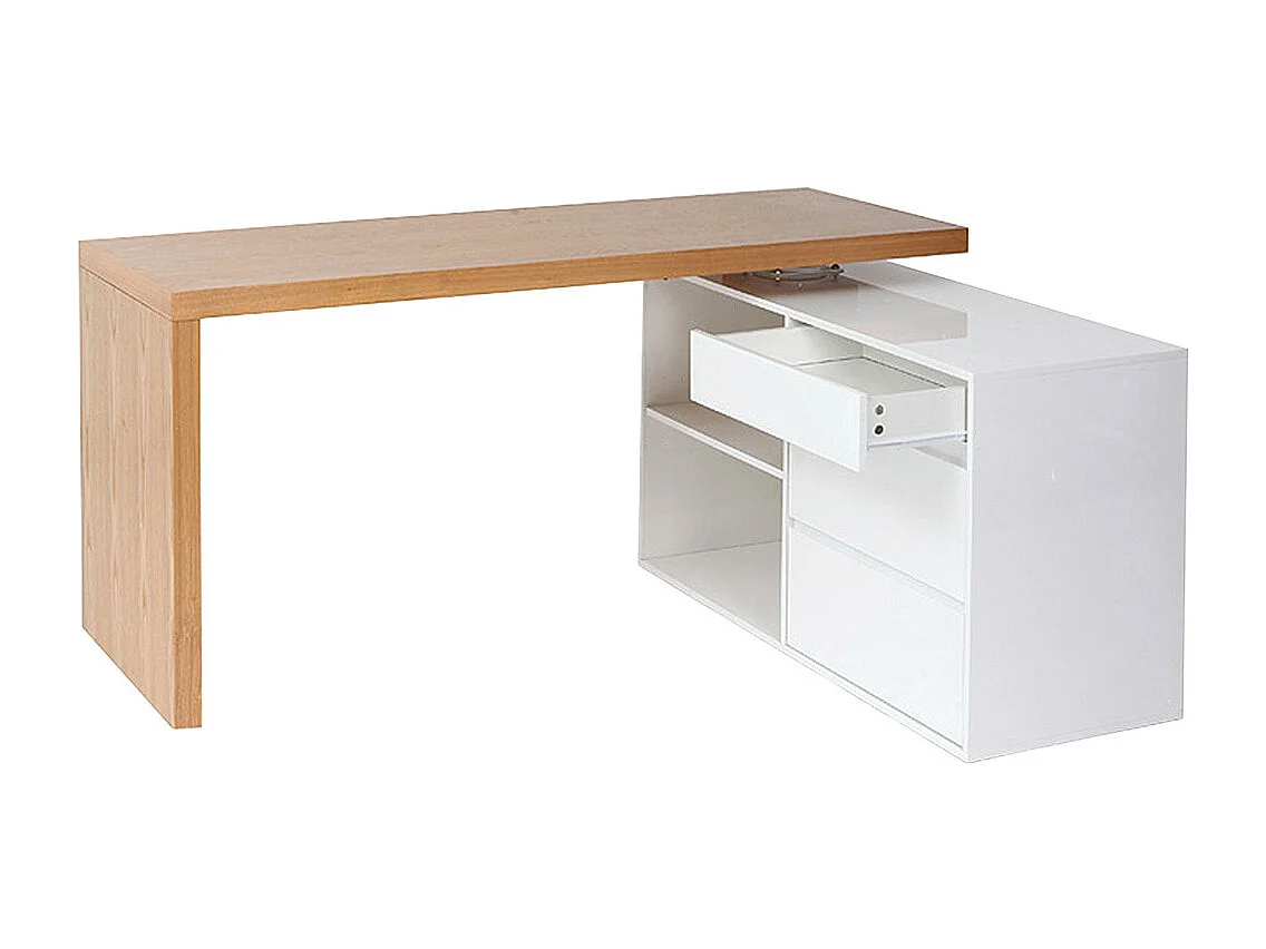 Bureau modulable design blanc brillant et bois clair frêne L160-235 cm NEW MAX