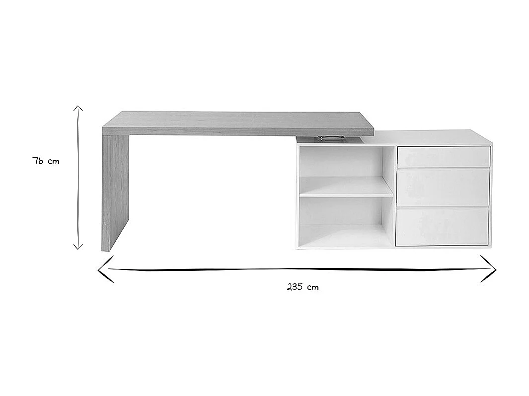 Bureau modulable design blanc brillant et bois clair frêne L160-235 cm NEW MAX