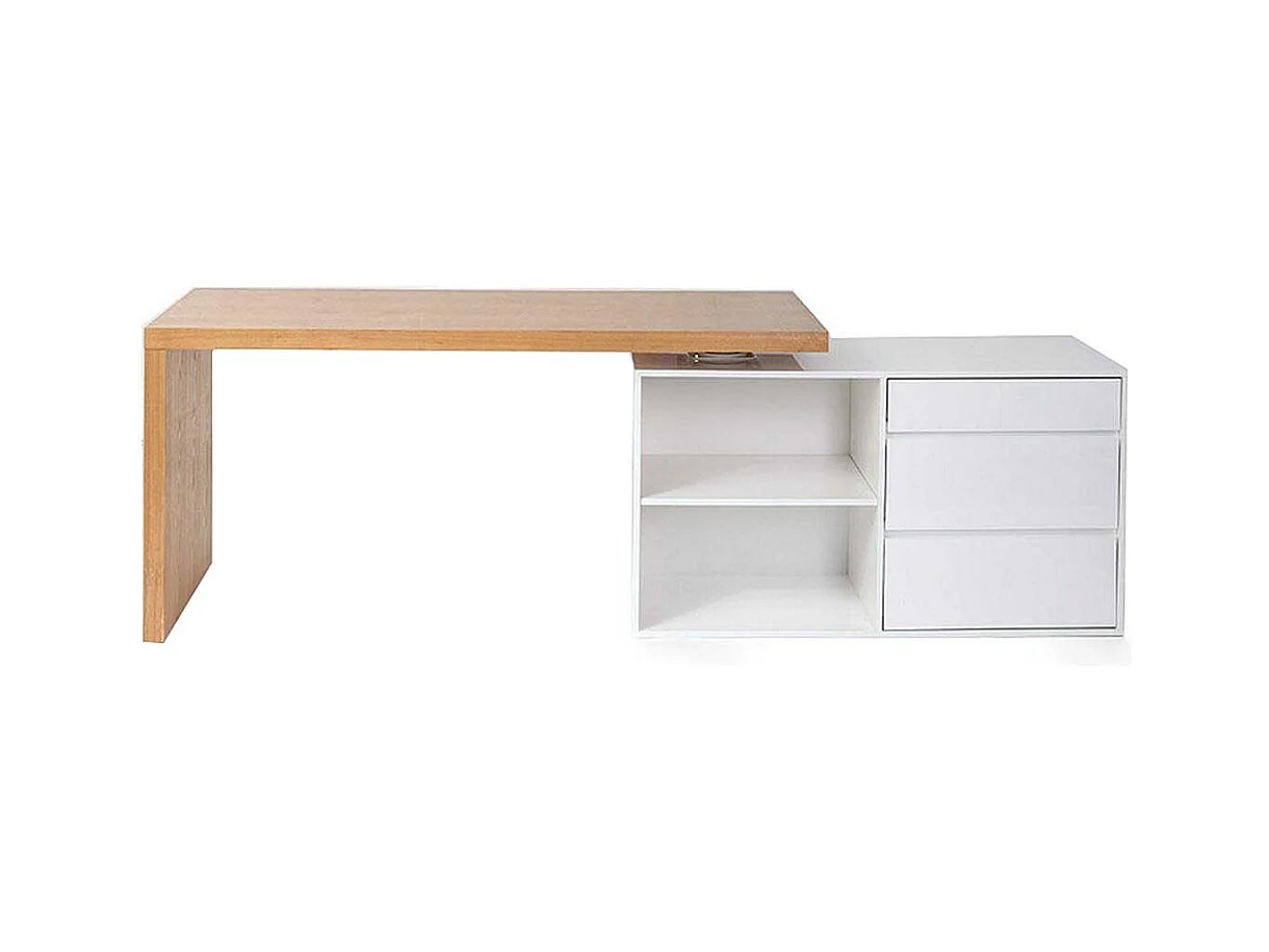 Bureau modulable design blanc brillant et bois clair frêne L160-235 cm NEW MAX