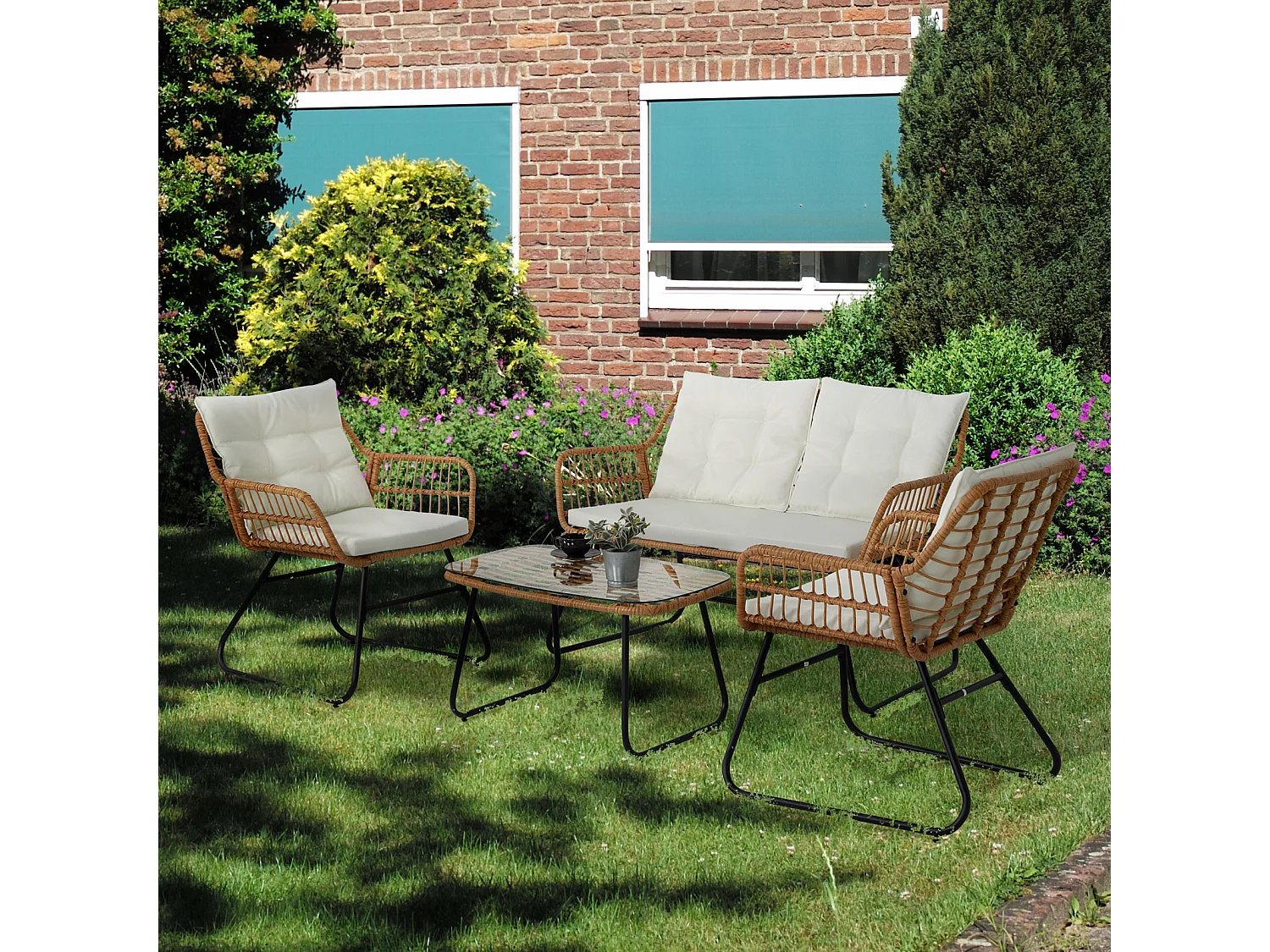 Ensemble de meubles de balcon SVITA CAPRI en polyrotin pour l'extérieur, 4 pièces Salon de jardin Natur