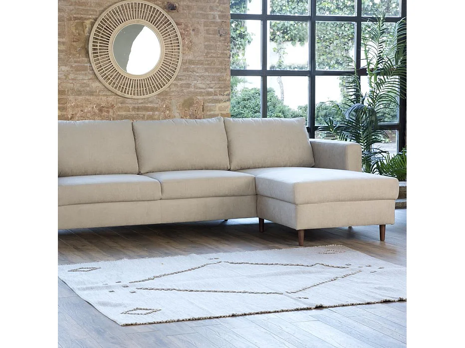 Divano con penisola testo, schiuma pu, legno e pannello a particelle Beige 146x85