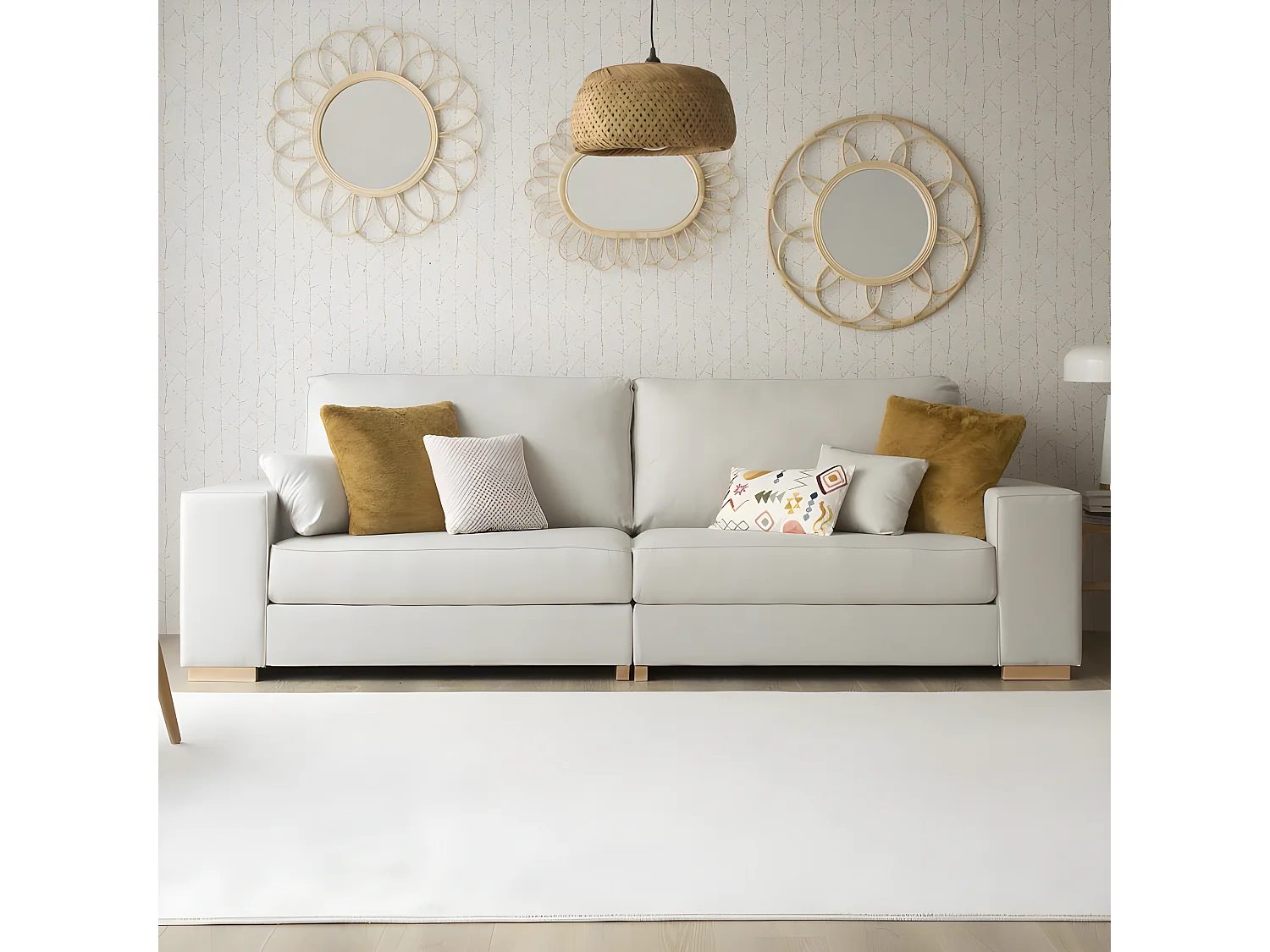 Divano tessuto, legno, schiuma pu e pannello di particelle Beige (407) 90x95