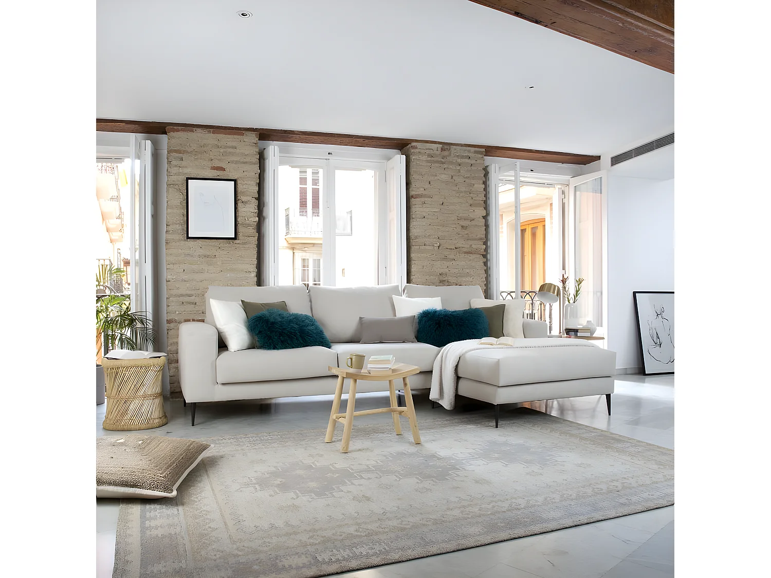 Divano con penisola tessuto, schiuma di pu, legno e pannello di particelle Beige (405) 165x105