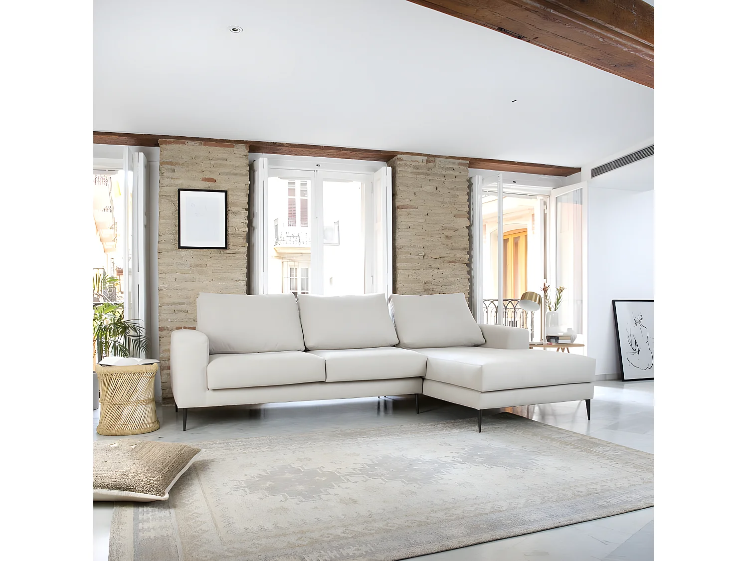 Divano con penisola tessuto, schiuma di pu, legno e pannello di particelle Beige (405) 165x105