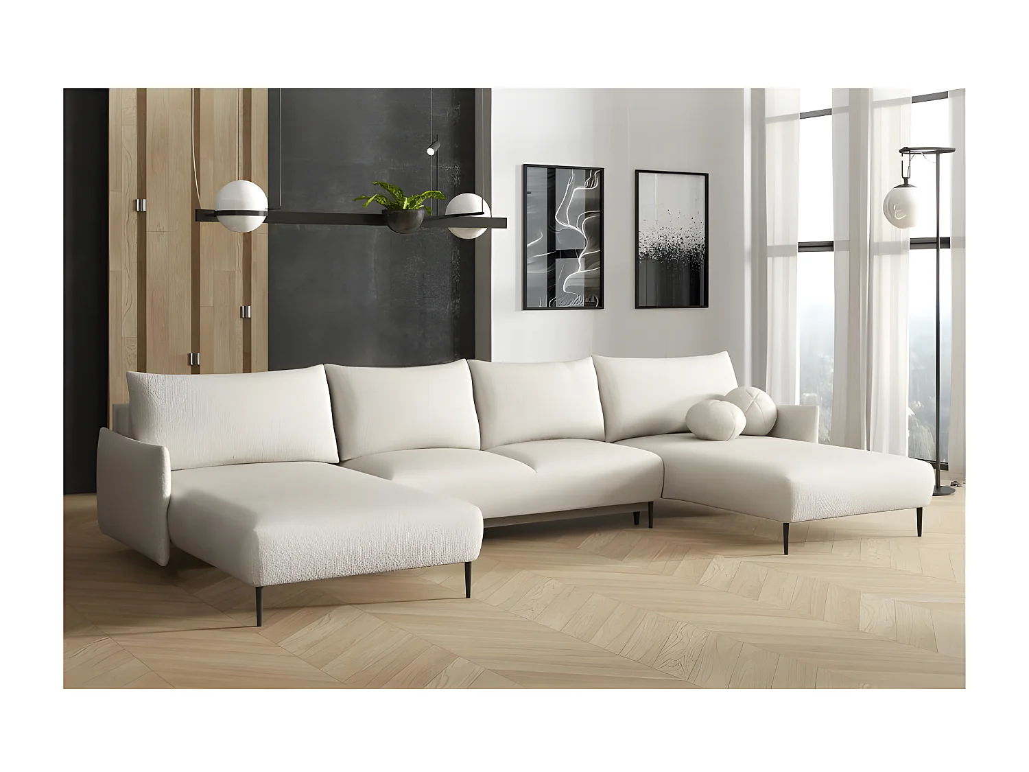 Canapé panoramique LAMBIA en U en tissu bouclette blanc cassé