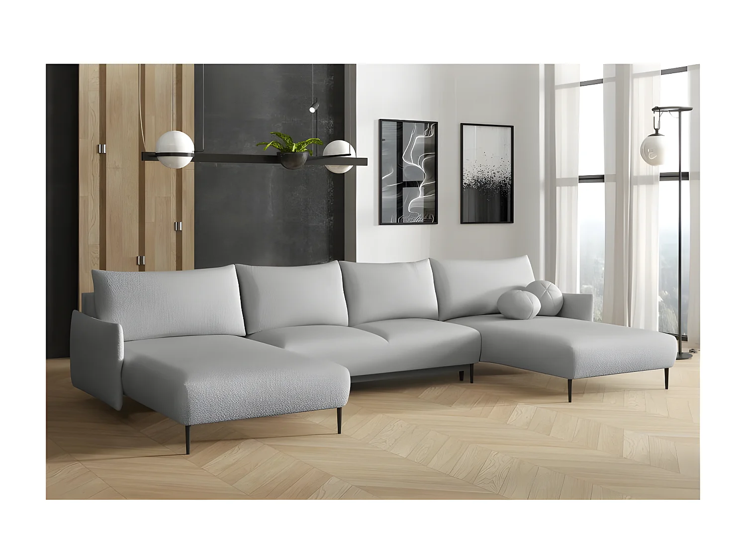 Canapé panoramique LAMBIA en U en tissu bouclette gris clair