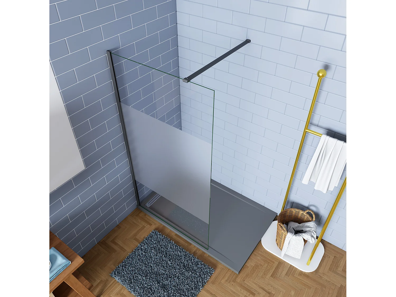 100x200cm Schwarzrahmen Duschabtrennung Walk In 8mm Nano ESG Milchglasstreifen Duschabtrennung + N Form 90cm Stabilisator Höhe 200cm