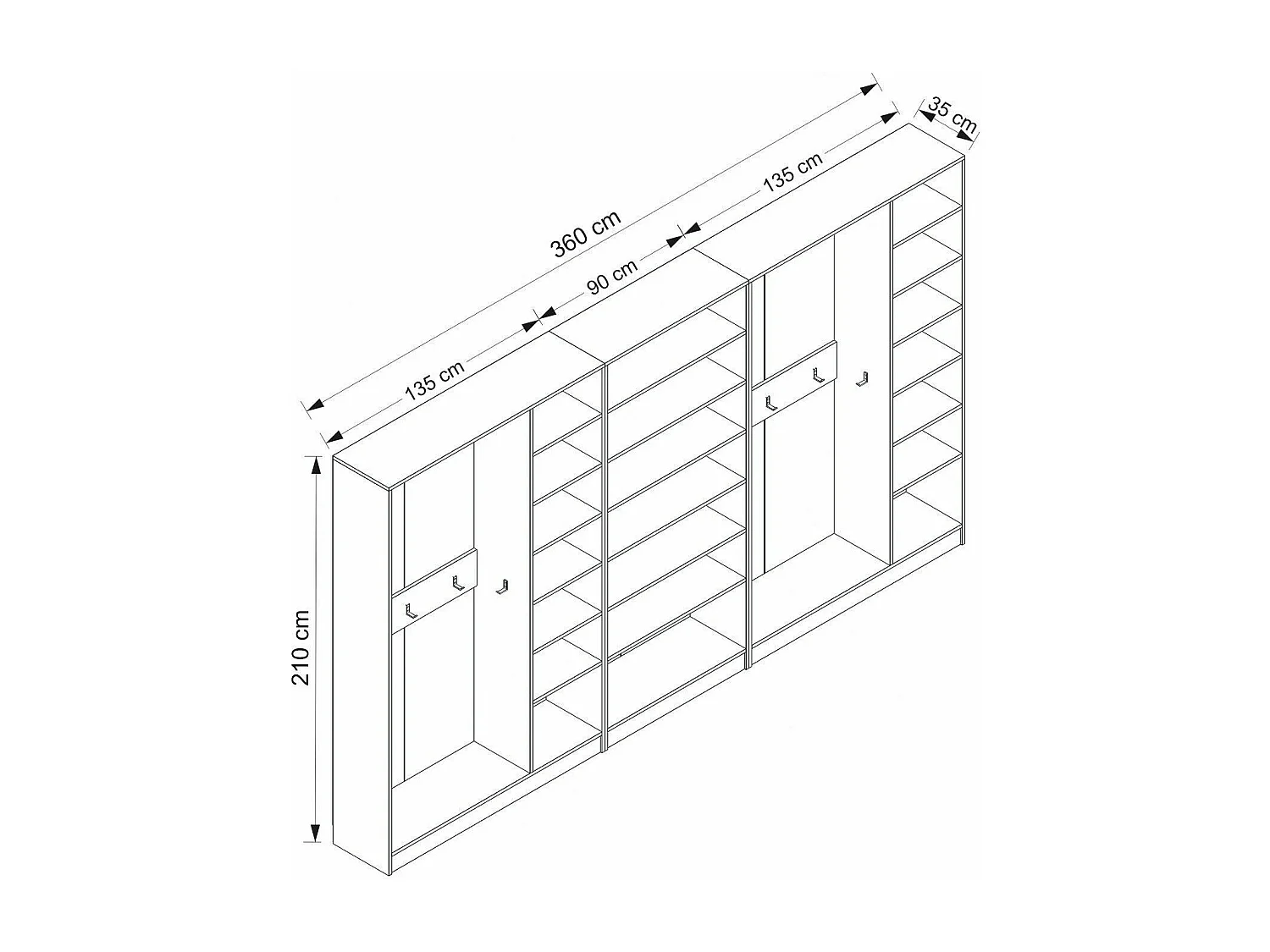 Placard d'entrée ouvert moderne 20 patères Antipax L360xH210cm Blanc
