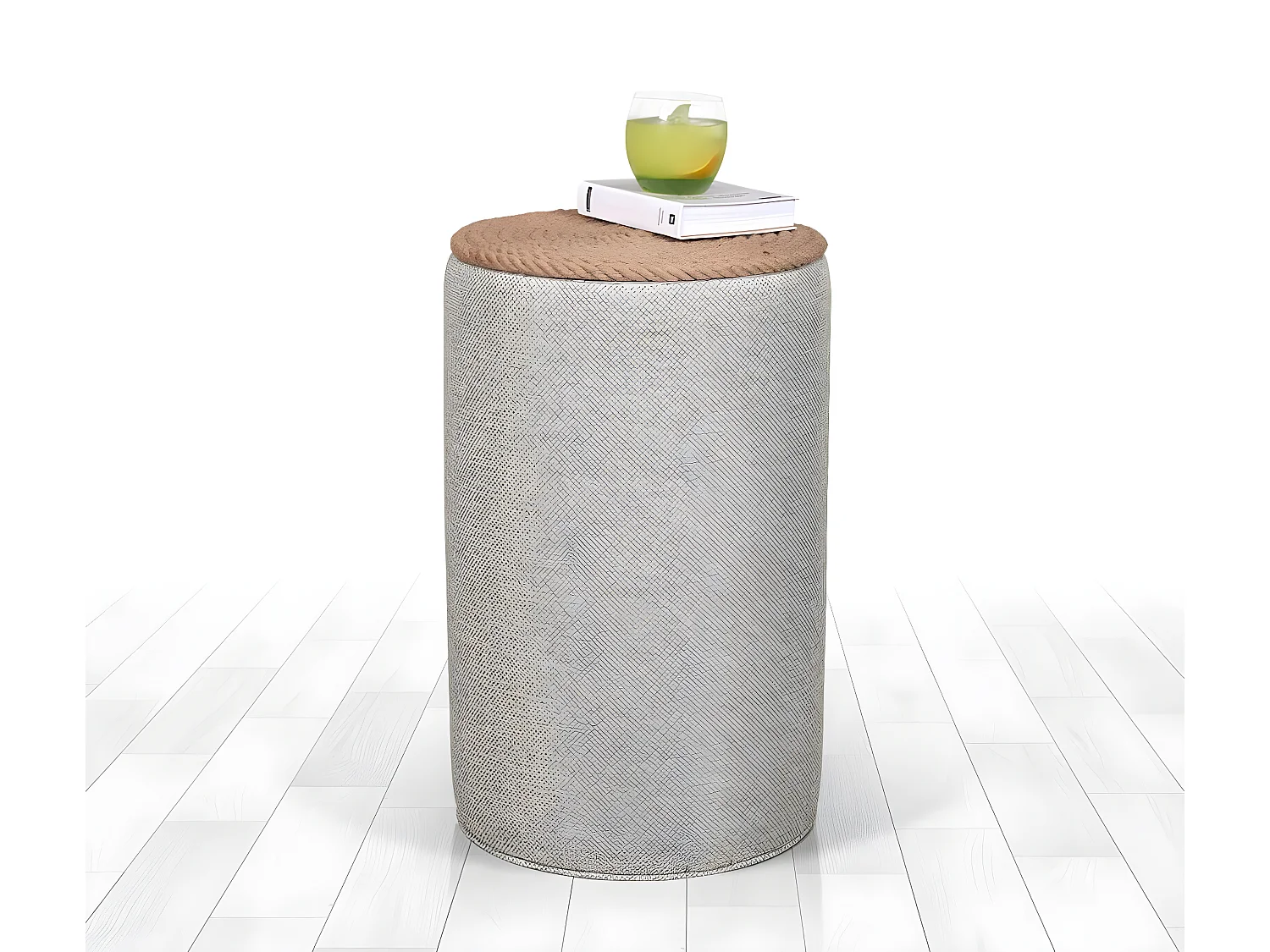 Pouf style bohème Firia D31cm Coton et Lin Gris avec corde en Jute tressé Beige