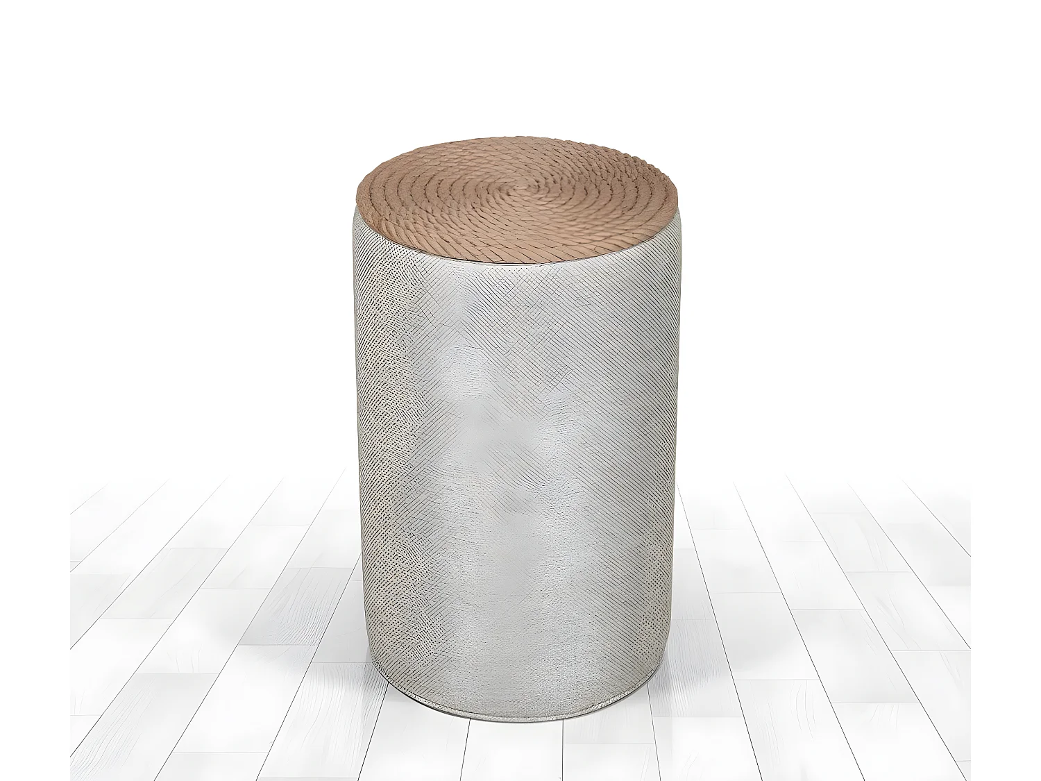 Pouf style bohème Firia D31cm Coton et Lin Gris avec corde en Jute tressé Beige