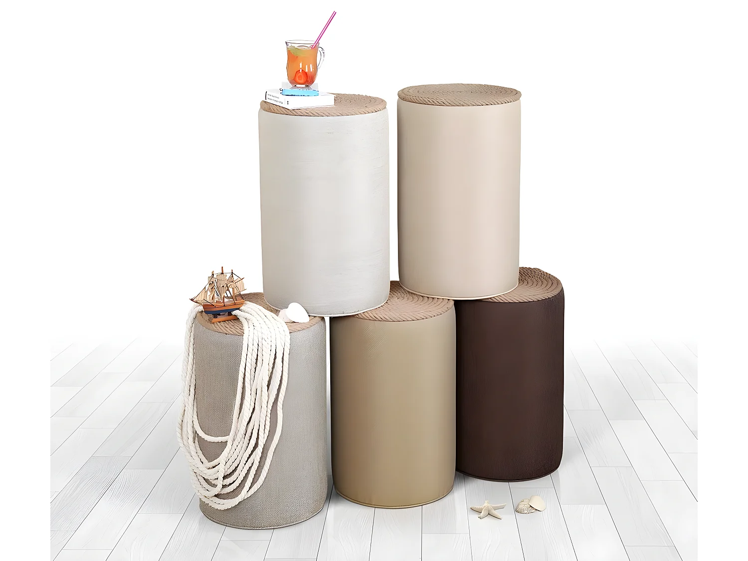 Pouf style bohème Firia D31cm Coton et Lin Gris avec corde en Jute tressé Beige