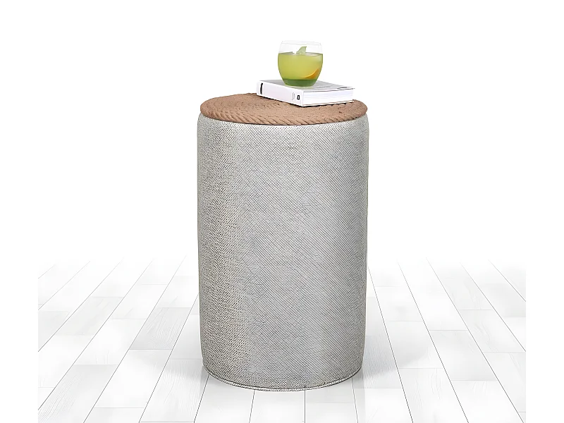 Pouf style bohème Firia D31cm Coton et Lin Gris avec corde en Jute tressé Beige