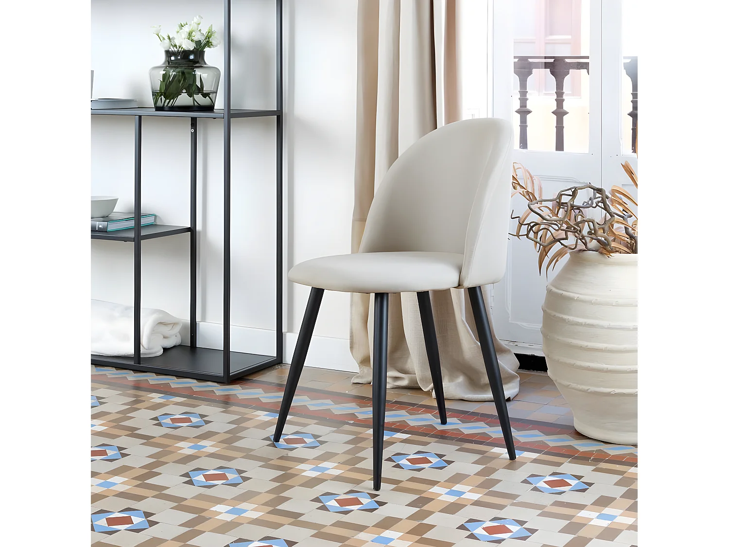 Pack Set di 4 sedie tessuto e legno. gambe metalliche. Beige 48x78