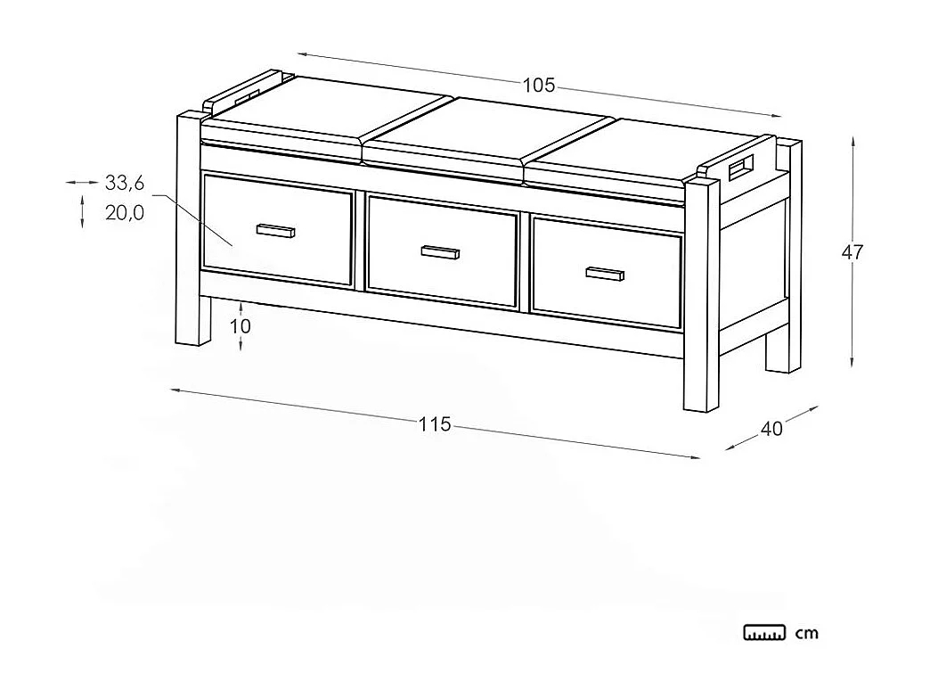 Panca legno massello, pannello in mdf e impiallacciatura naturale Tek 40x47