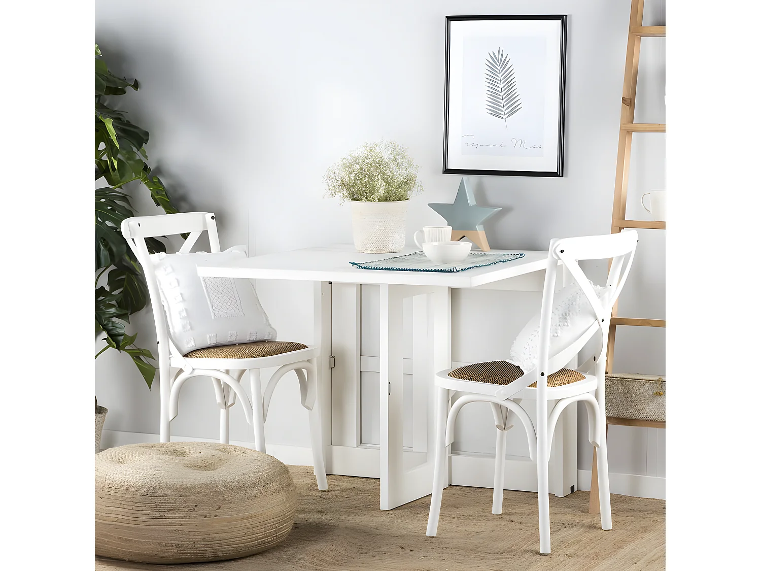 Tavolo da pranzo pieghevole legno massello e pannello in mdf bianco 90x78