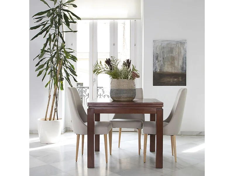 Tavolo da pranzo allungabile legno massello e impiallacciatura naturale di mindi Tek 90x78