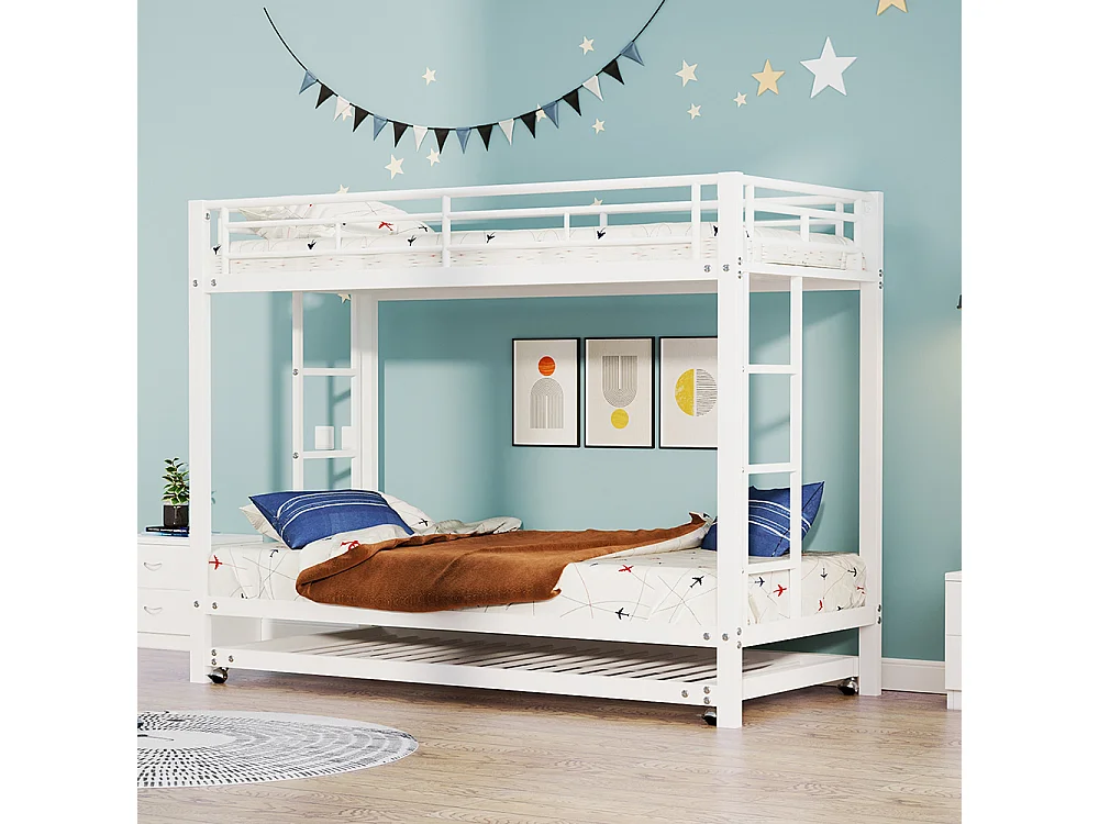 Lit superposé Lit 90x200cm lit à cadre en fer lit d'enfant équipé d'un lit gigogne garde-corps hauts blanc