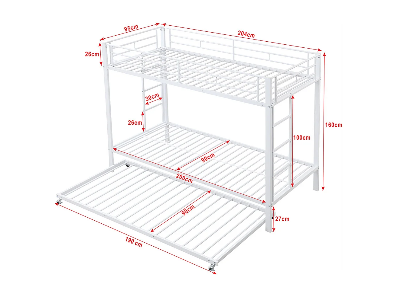 Lit superposé Lit 90x200cm lit à cadre en fer lit d'enfant équipé d'un lit gigogne garde-corps hauts blanc