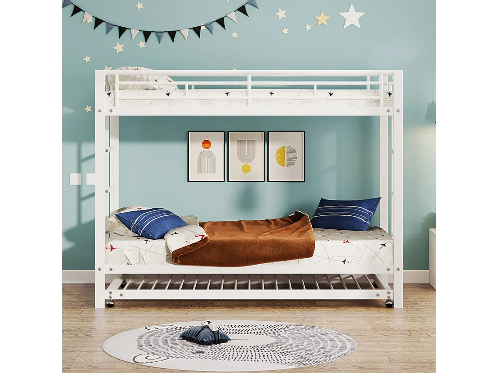 Lit superposé Lit 90x200cm lit à cadre en fer lit d'enfant équipé d'un lit gigogne garde-corps hauts blanc