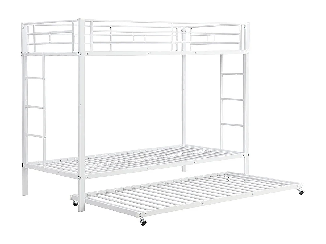 Lit superposé Lit 90x200cm lit à cadre en fer lit d'enfant équipé d'un lit gigogne garde-corps hauts blanc