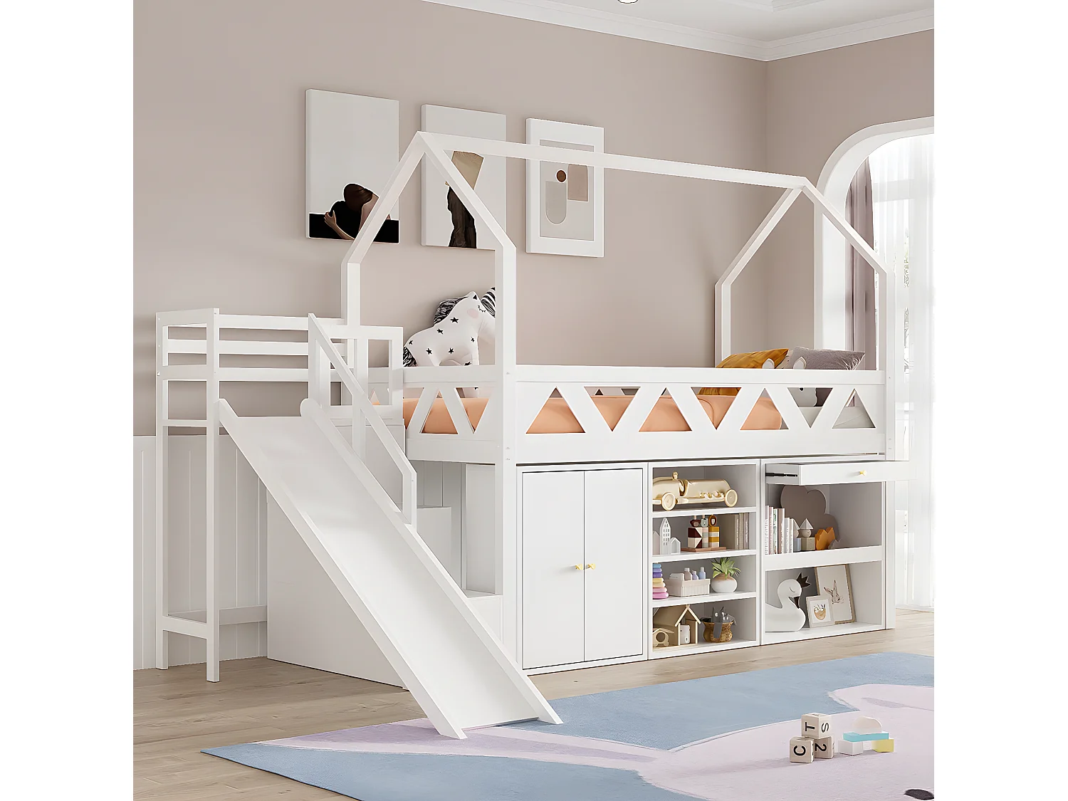 Lit superposé pour enfants lit simple 90x200 cm lit multifonctionnel avec toboggan et escalier avec tiroirs et casier bois massif blanc