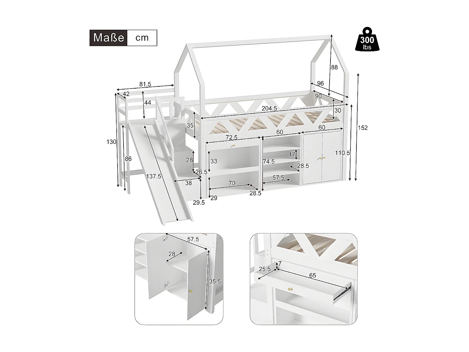 Lit superposé pour enfants lit simple 90x200 cm lit multifonctionnel avec toboggan et escalier avec tiroirs et casier bois massif blanc
