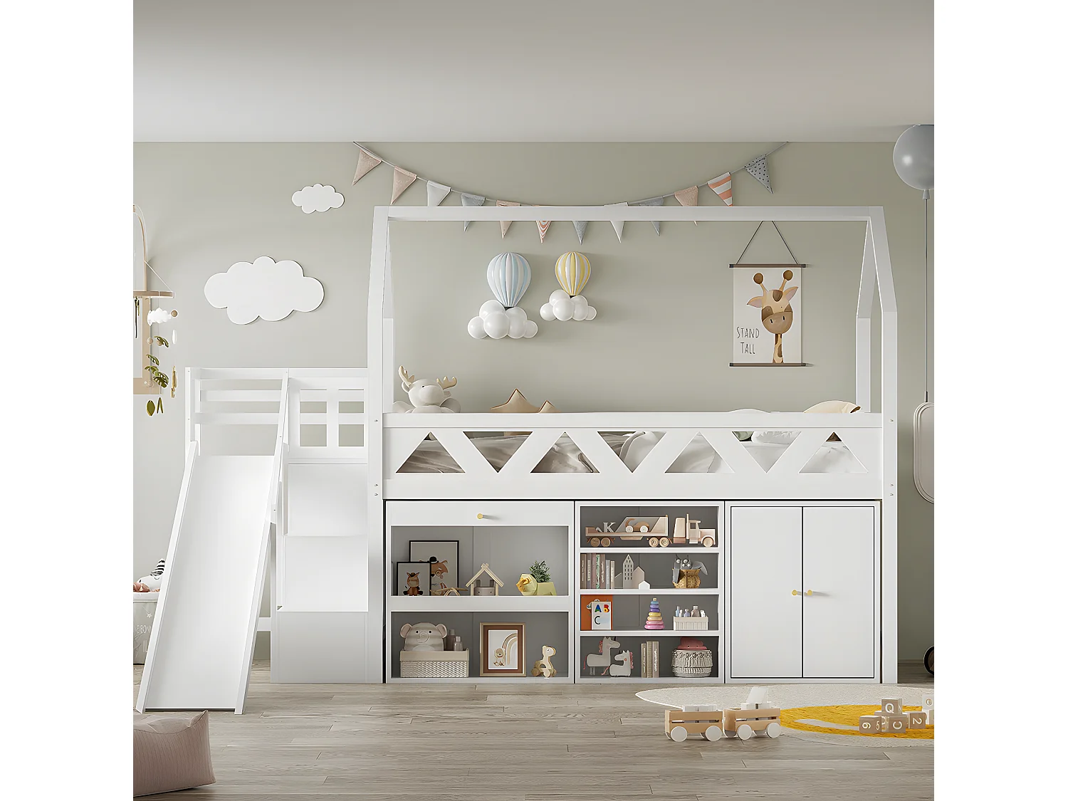 Lit superposé pour enfants lit simple 90x200 cm lit multifonctionnel avec toboggan et escalier avec tiroirs et casier bois massif blanc