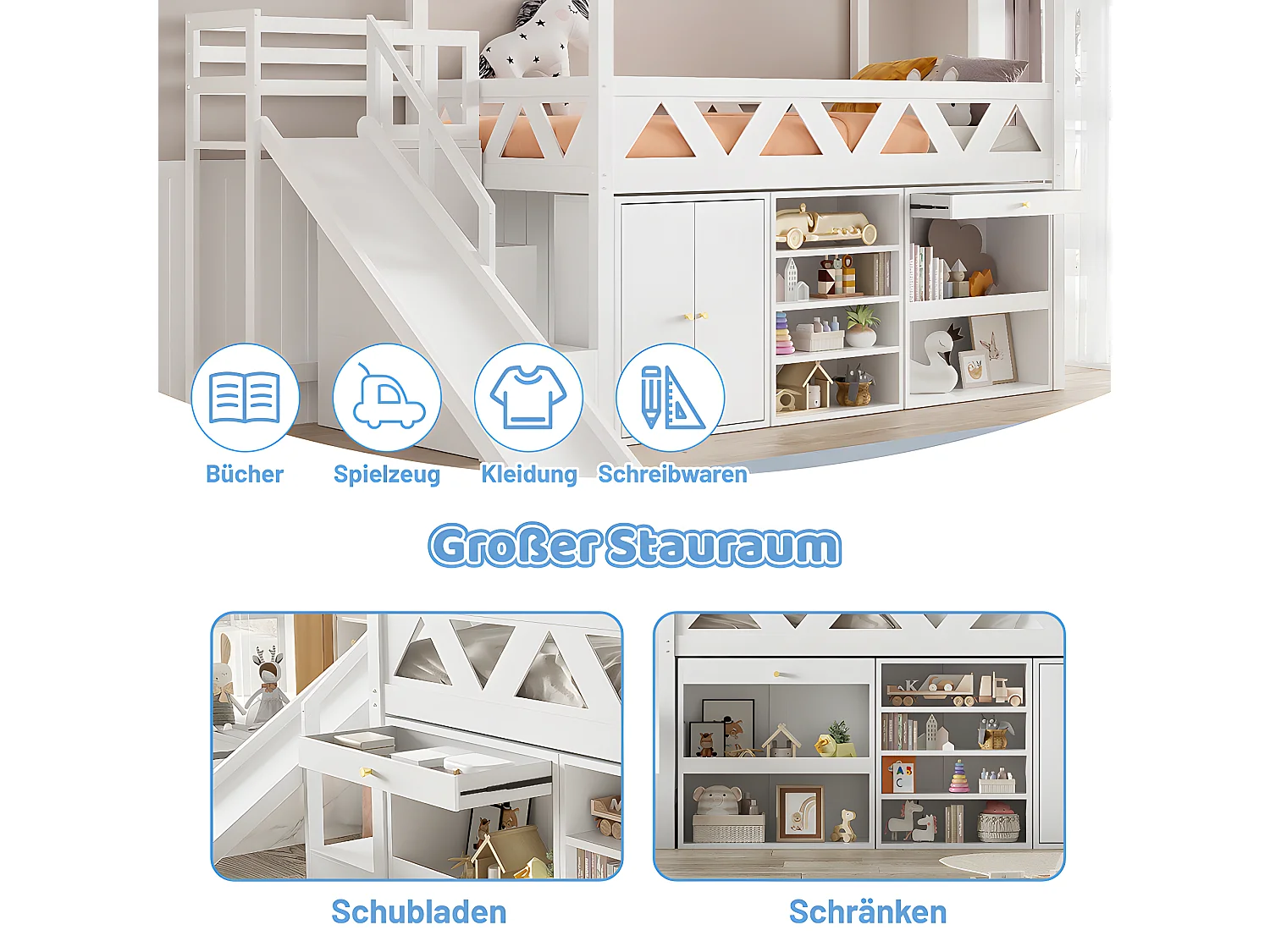 Lit superposé pour enfants lit simple 90x200 cm lit multifonctionnel avec toboggan et escalier avec tiroirs et casier bois massif blanc