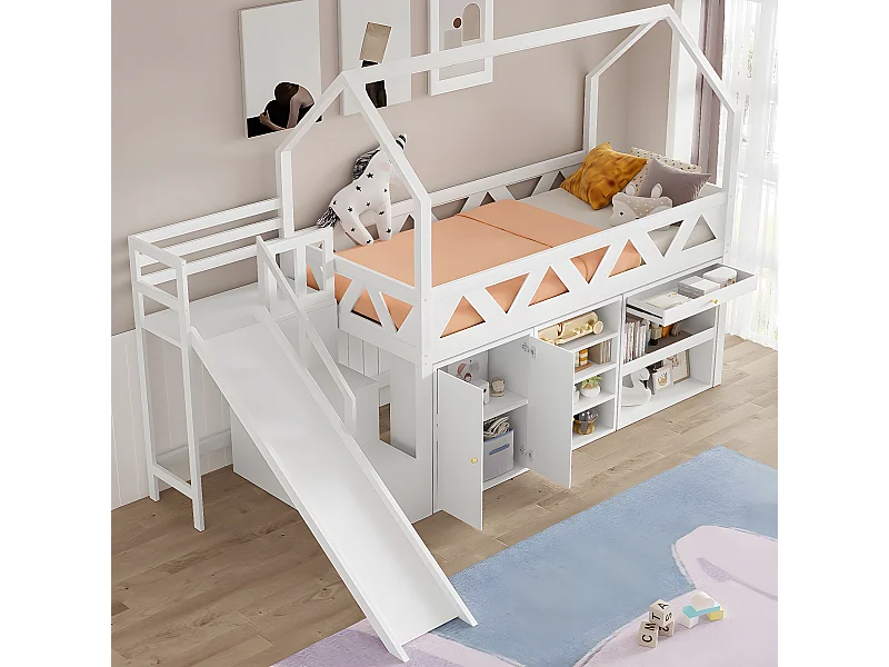 Lit superposé pour enfants lit simple 90x200 cm lit multifonctionnel avec toboggan et escalier avec tiroirs et casier bois massif blanc