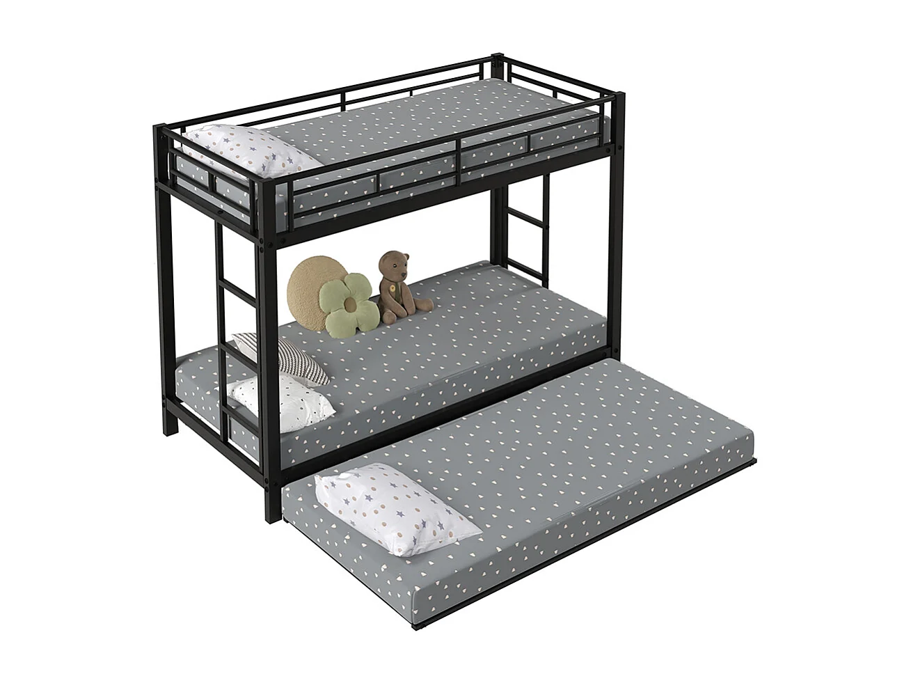 Lit superposé Lit 90x200cm lit à cadre en fer lit d'enfant équipé d'un lit gigogne garde-corps hauts noir