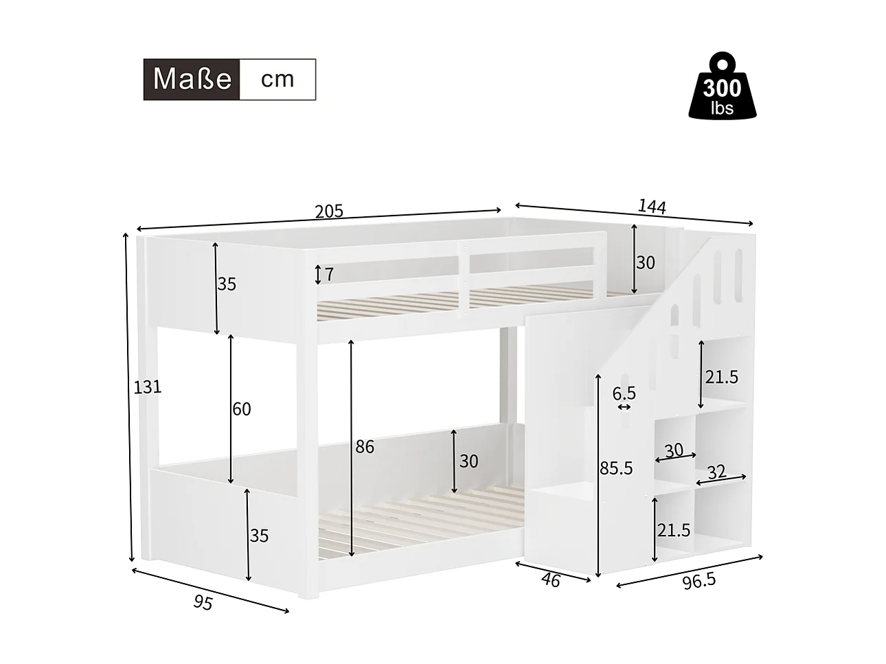 Lit superposé Lit 90x200 cm pour enfants Lit d'enfant multifonctionnel avec escaliers et casiers rampe stable blanc