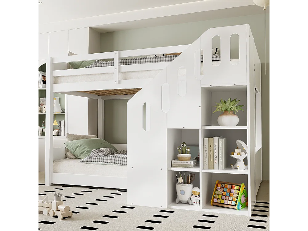 Lit superposé Lit 90x200 cm pour enfants Lit d'enfant multifonctionnel avec escaliers et casiers rampe stable blanc