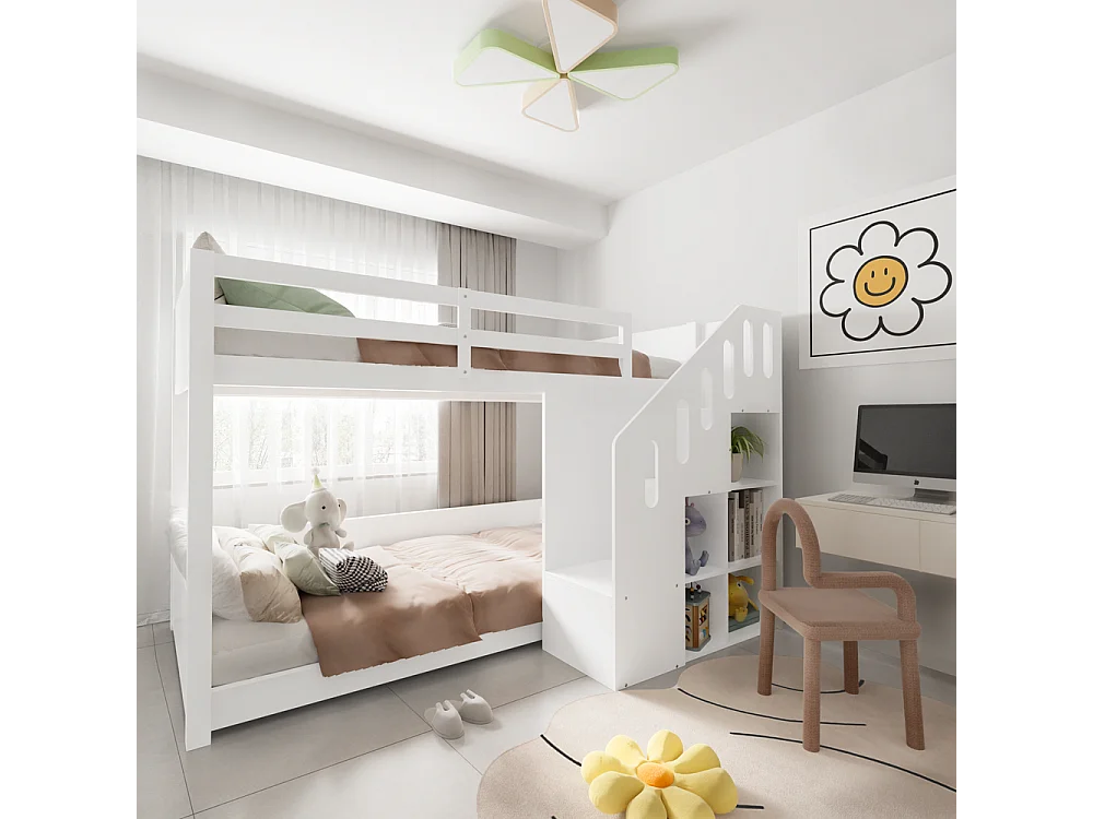 Lit superposé Lit 90x200 cm pour enfants Lit d'enfant multifonctionnel avec escaliers et casiers rampe stable blanc