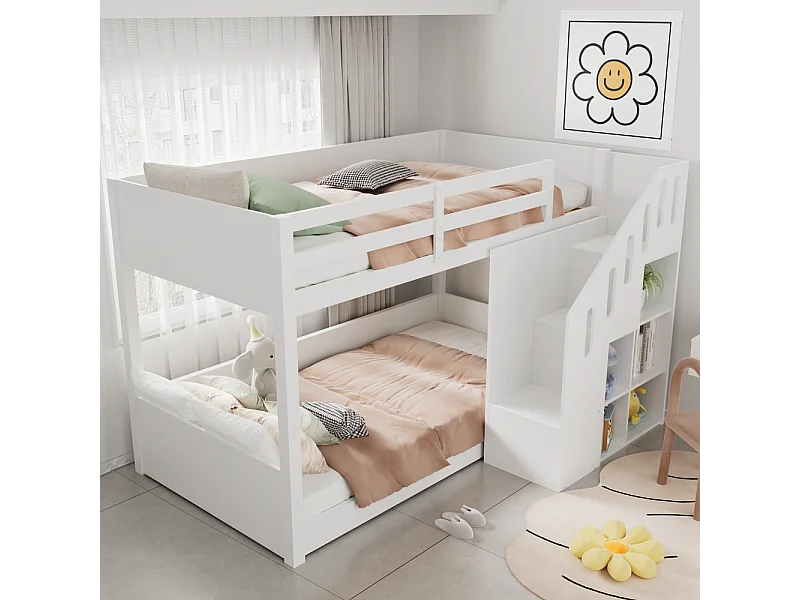 Lit superposé Lit 90x200 cm pour enfants Lit d'enfant multifonctionnel avec escaliers et casiers rampe stable blanc