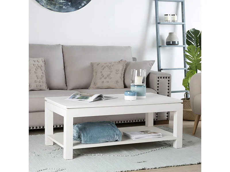 Tavolino da salotto con piano sollevabile legno massello e pannello in mdf bianco 60x44