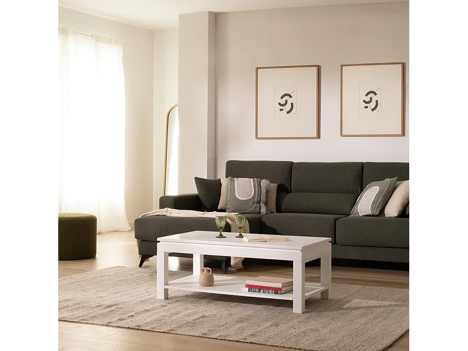 Tavolino da salotto con piano sollevabile legno massello e pannello in mdf bianco 60x44