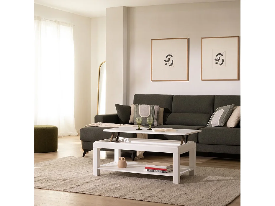 Tavolino da salotto con piano sollevabile legno massello e pannello in mdf bianco 60x44